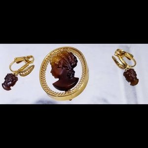 Vintage gold & cut out cameo brooch pin earrings